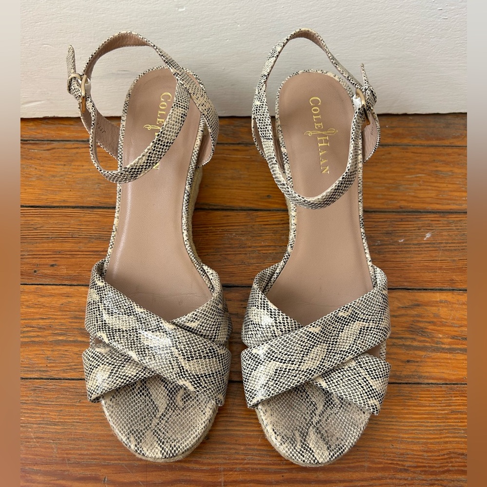 Cole Haan Air Camila wedge espadrille sandals in white pine snake print